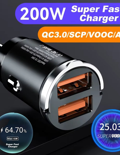 Load image into Gallery viewer, Car 100-200W Dual Port Mini USB Charger Ultra Fast Charging Cigarette Lighter Socket 12-24V Aluminum Cell Phone Charging Adapter
