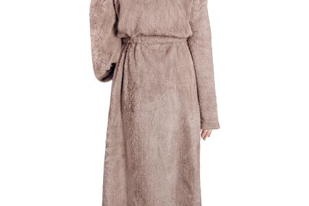 Women Hooded Plush Soft Robe | Fluffy Warm Fleece Sherpa Shaggy Bathrobe (S/M, Taupe)