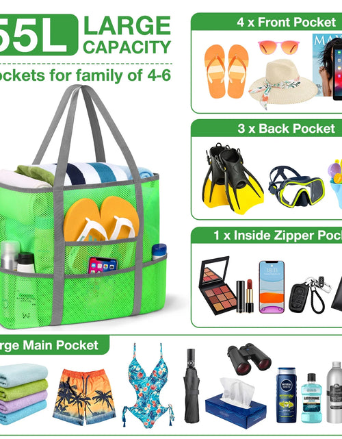 Load image into Gallery viewer, Mesh Beach Bag Rope Handles, Mesh Tote Bag for Women Contains Wicker Oversized Beach Tote Bag with 9 Small Pockets (Green)
