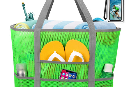 Mesh Beach Bag Rope Handles, Mesh Tote Bag for Women Contains Wicker Oversized Beach Tote Bag with 9 Small Pockets (Green)