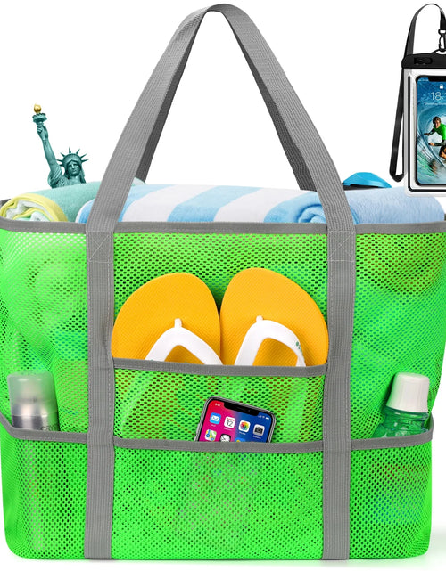 Load image into Gallery viewer, Mesh Beach Bag Rope Handles, Mesh Tote Bag for Women Contains Wicker Oversized Beach Tote Bag with 9 Small Pockets (Green)
