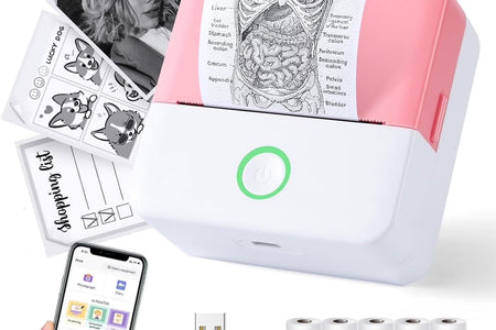 SLOK Thermal Mini Printer, Portable Inkless Bluetooth Sticker Maker with 10 Rolls Paper, Pink
