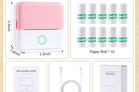 SLOK Thermal Mini Printer, Portable Inkless Bluetooth Sticker Maker with 10 Rolls Paper, Pink