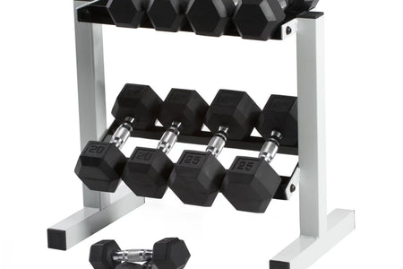 150 Lb. Coated Hex Dumbbell Weight Set, 5-25 Lb. with White Rack
