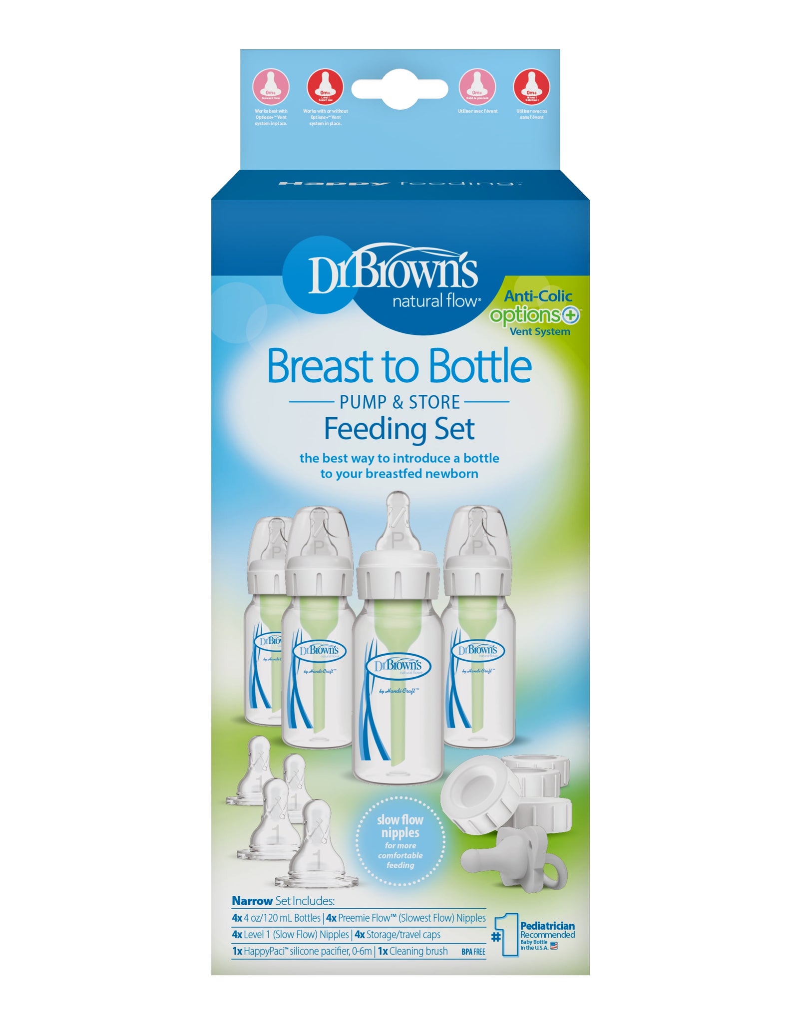 Natural Flow Anti-Colic Options+ Narrow Breast to Bottle Feeding Set, Clear, 4Oz, 4 Pack