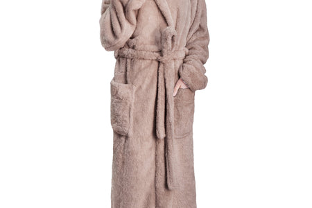 Women Hooded Plush Soft Robe | Fluffy Warm Fleece Sherpa Shaggy Bathrobe (S/M, Taupe)