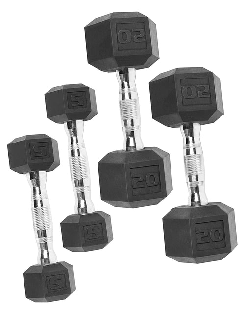Load image into Gallery viewer, 150 Lb. Coated Hex Dumbbell Weight Set, 5-25 Lb. with White Rack
